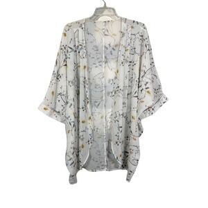 Kimono Cardigan, Sheer Lightweight White Floral Open Front Cardigan, Size Large